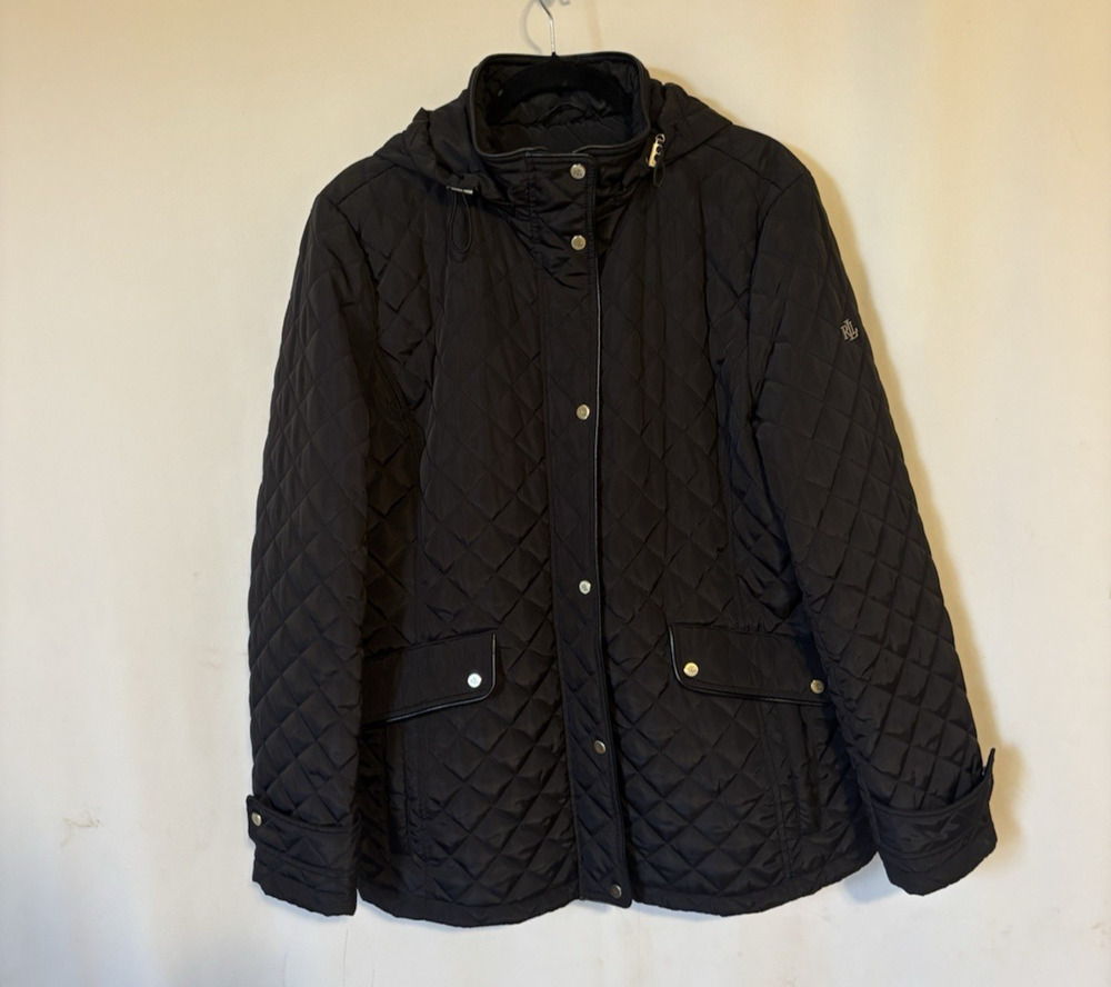 Ralph Lauren LRL Quilted Coat Jacket XL Womens Black Mock Hoodie Zip